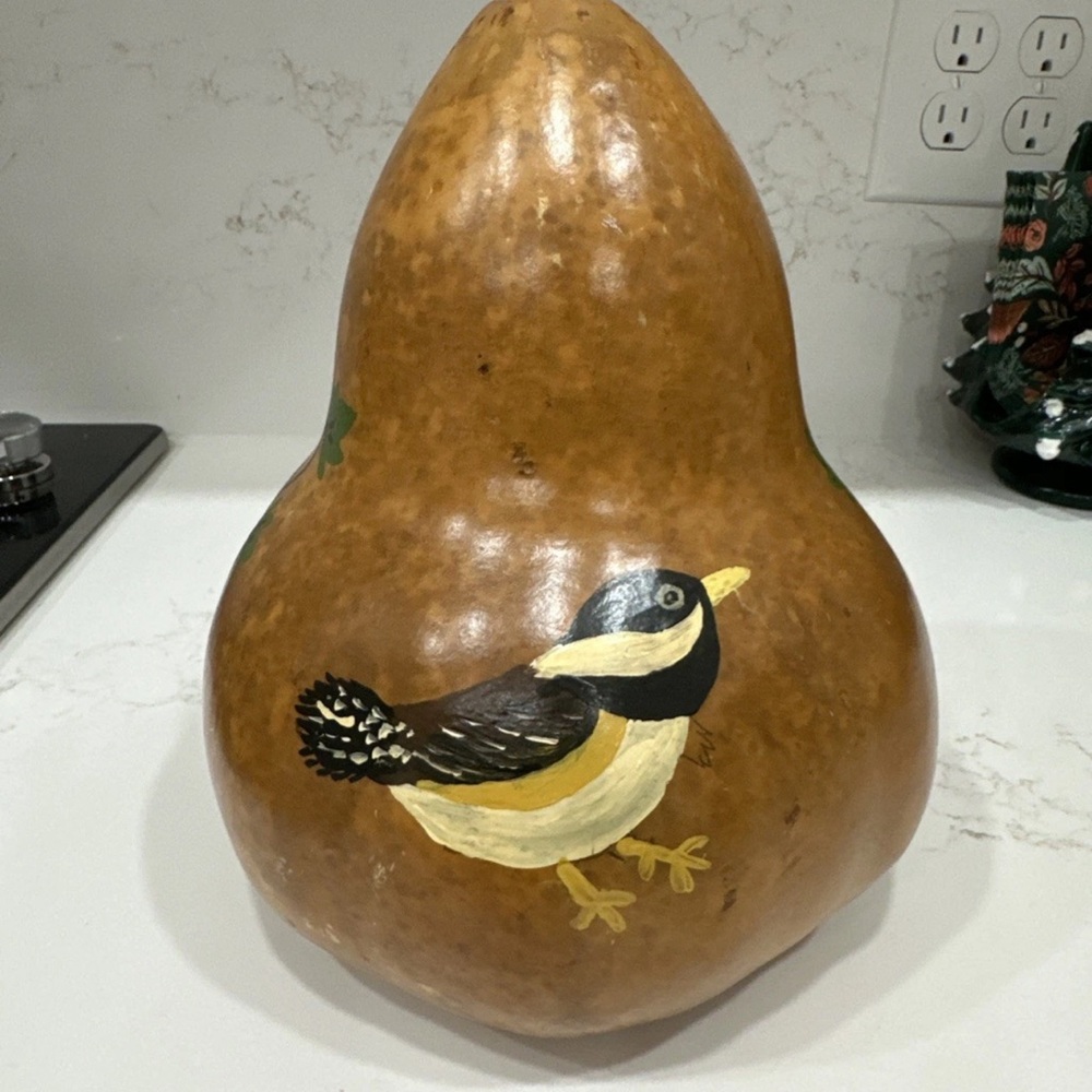 Hand Painted Gourd With Birds And Grapes- Open Top Dry Flower Vase